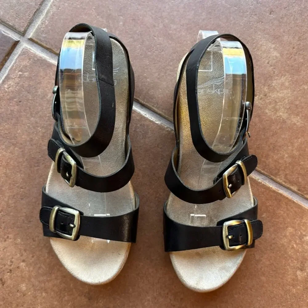 Dansko "Lou" Black Leather Strappy Wedge Sandals w Brass Tone Hardware US 7.5-8 - Picture 6 of 16